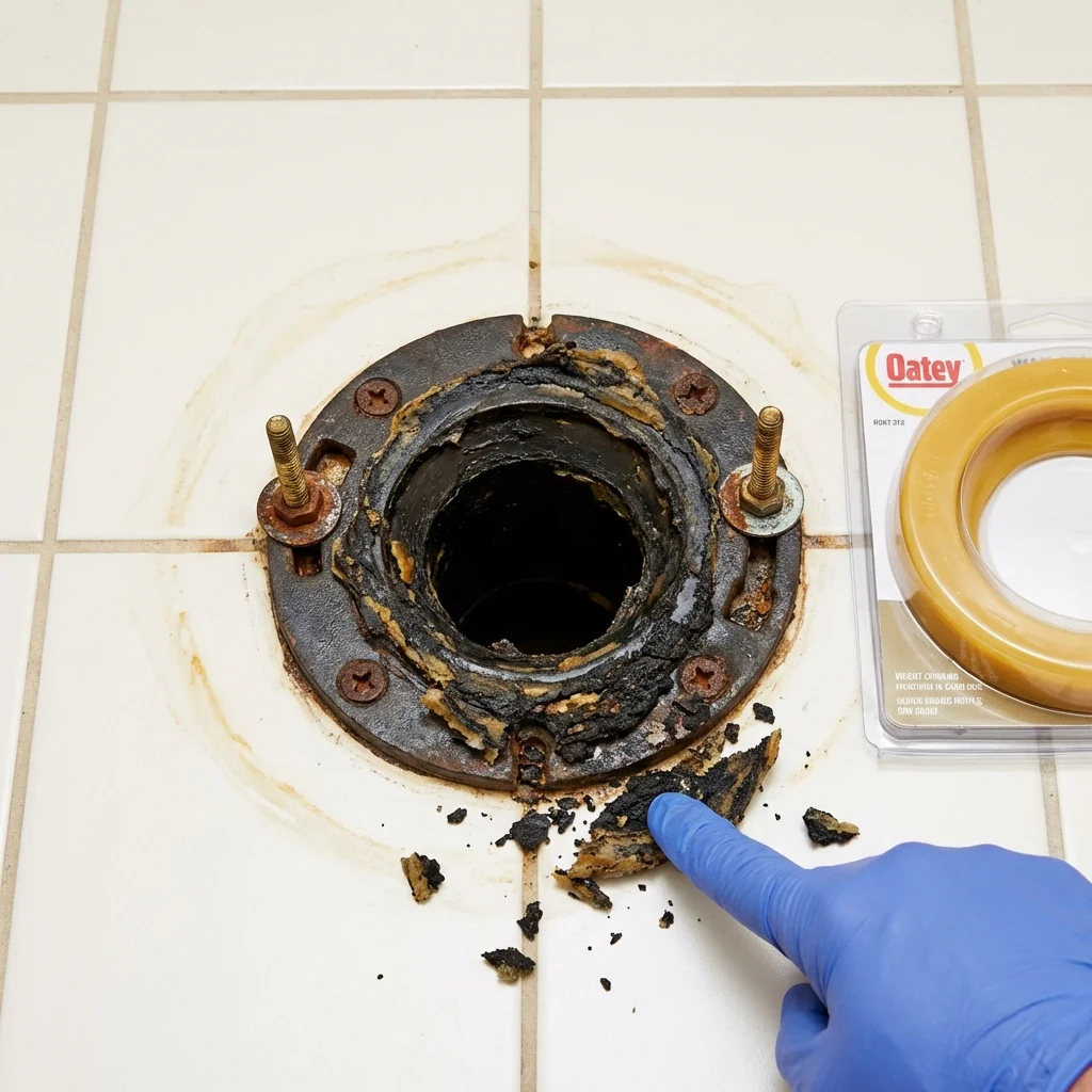 Failed wax ring showing water seepage at the base of a toilet in a Leesburg, VA home