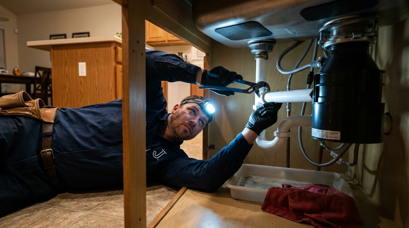 P-trap and supply line connections under a kitchen sink showing a common leak point in Leesburg, VA